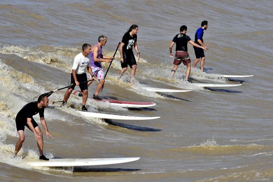 Sul fiume Dordogna (Francia) pi volte l&#39;anno si verifica un fenomeno chiamato mascheretto, ovvero un fronte d&#39;onda che risale l&#39;estuario, per la gioia dei surfisti. (Afp)